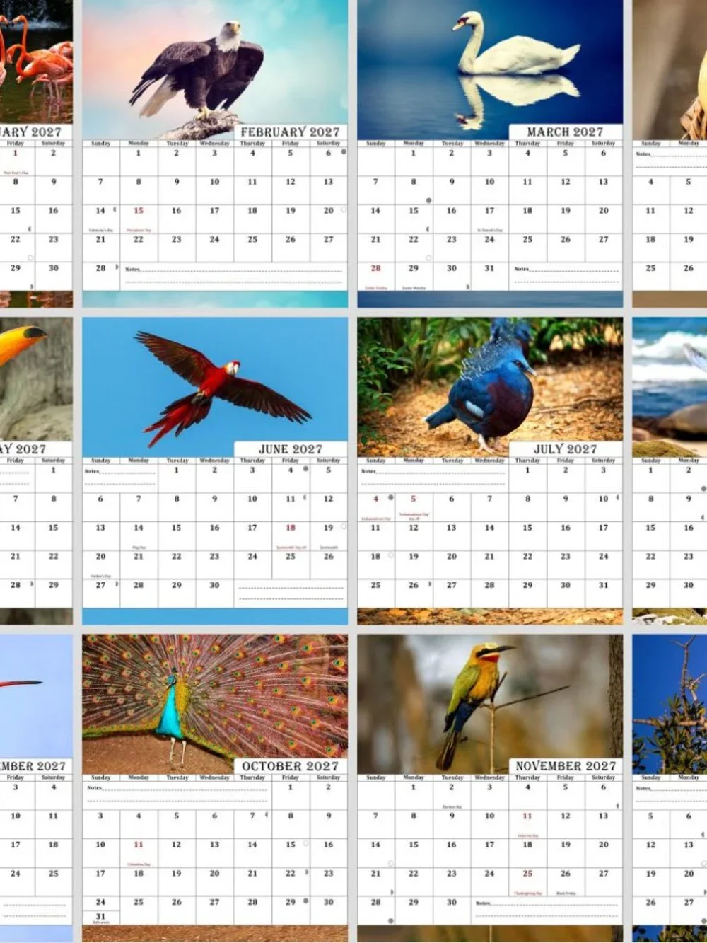 Share 2027-12 Months Desk Calendar Desktop Planner with To-Do List (Birds)